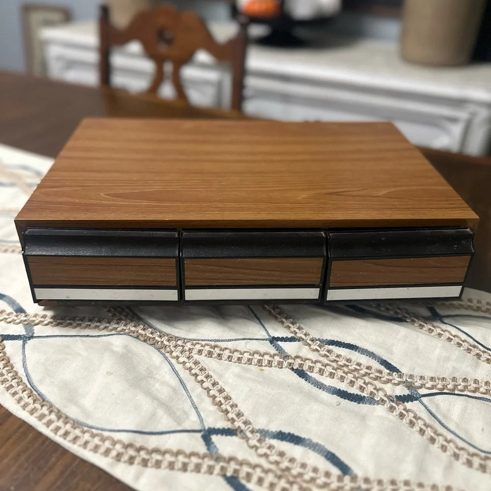 Vintage Cassette Tape Holder 3 Drawer Storage Case Faux Wood Grain 36 Cassettes